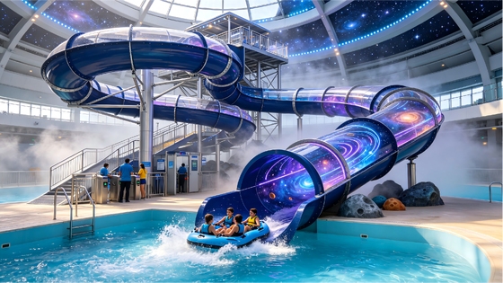 Space Galaxy Themed Raft Water Slide 14M Indoor Water Park